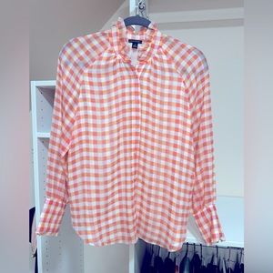 Ann Taylor plaid ruffle neck blouse